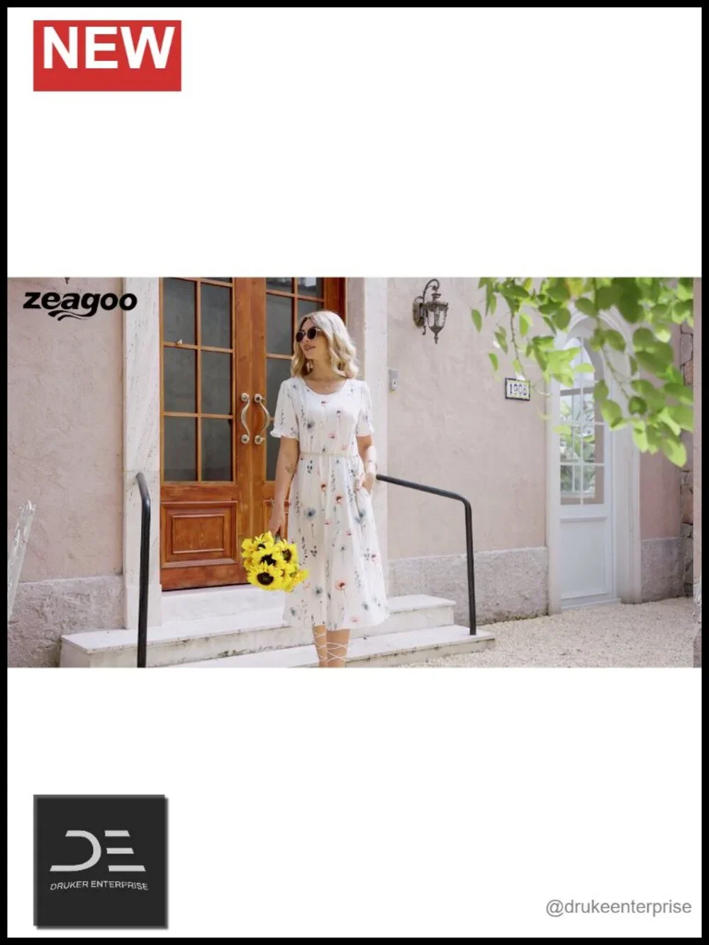 Midi Dress with Puff Sleeves Pleated Flowy Sundress with Pockets